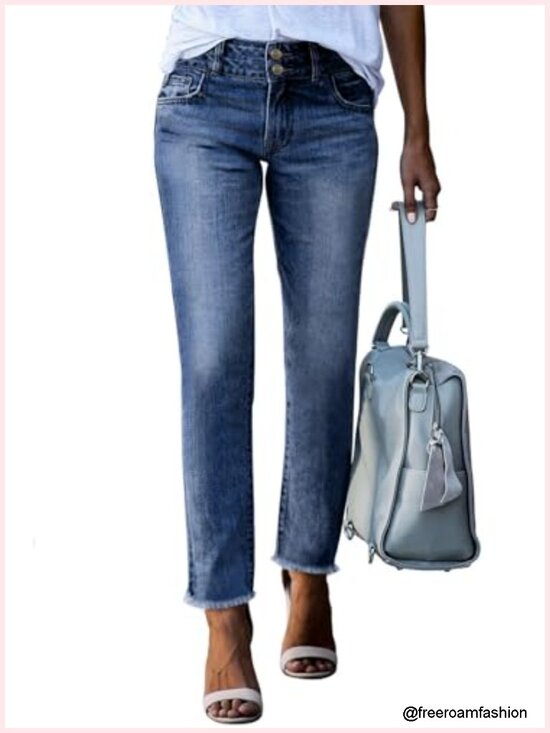 Denim - High Waisted Raw Hem Straight Leg Stretchy Denim Jeans with Pockets